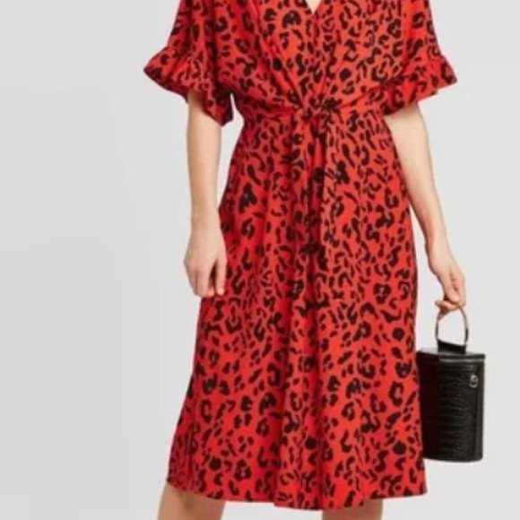 Who What Wear red and black flutter sleeve tie waist midi dress EUC runs large - Picture 1 of 9